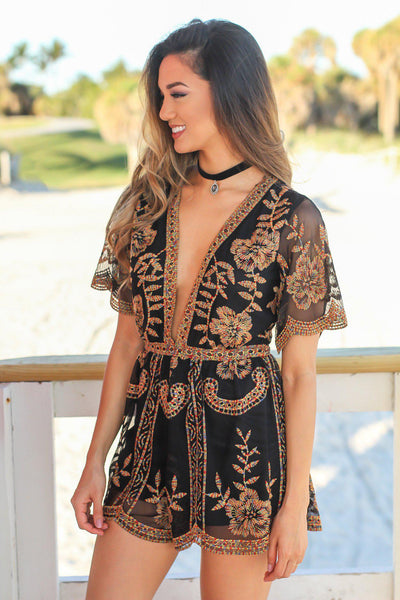 Black Embroidered Short Lace Romper