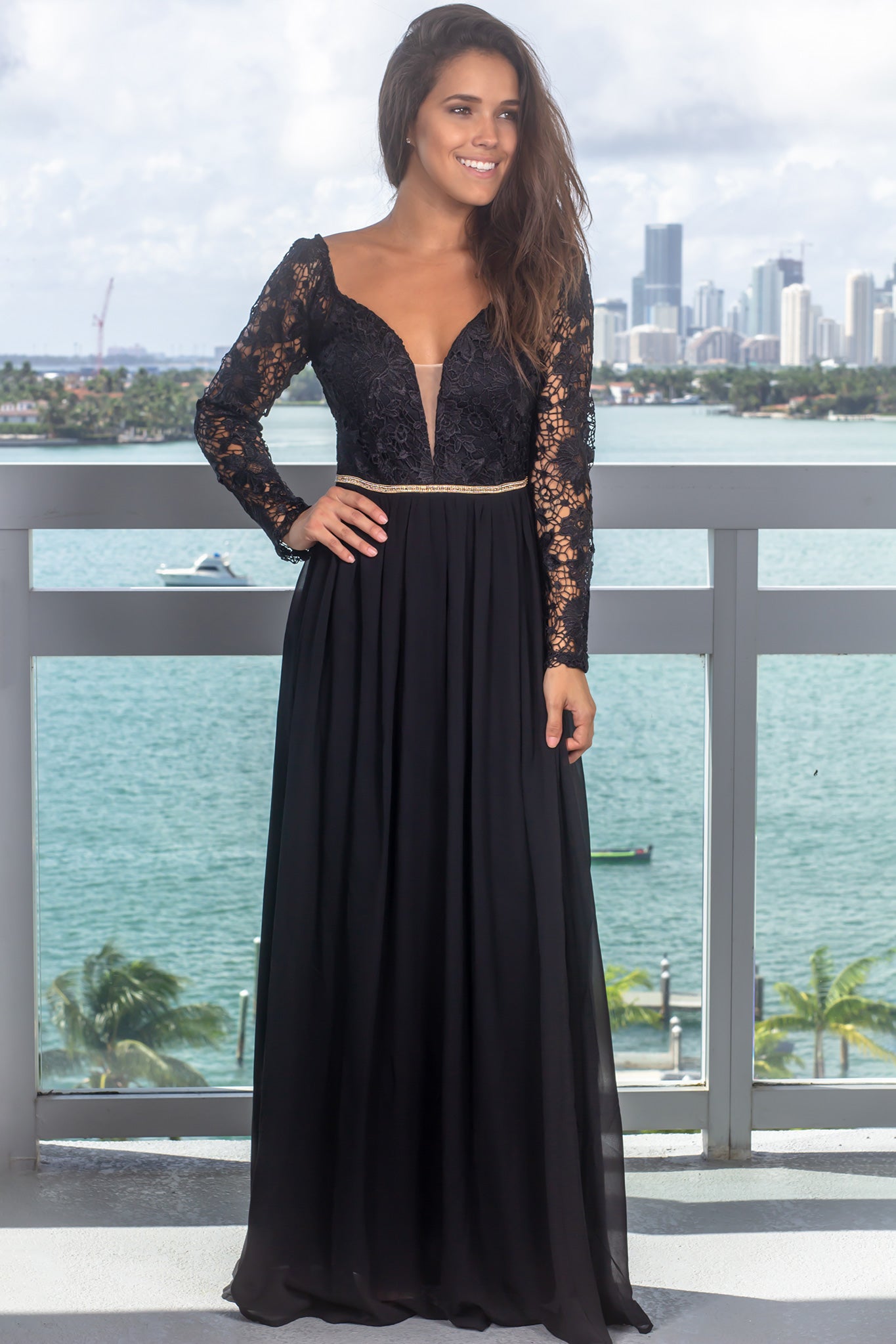 Black Embroidered Top Maxi Dress with Jewel Detail and Sleeves