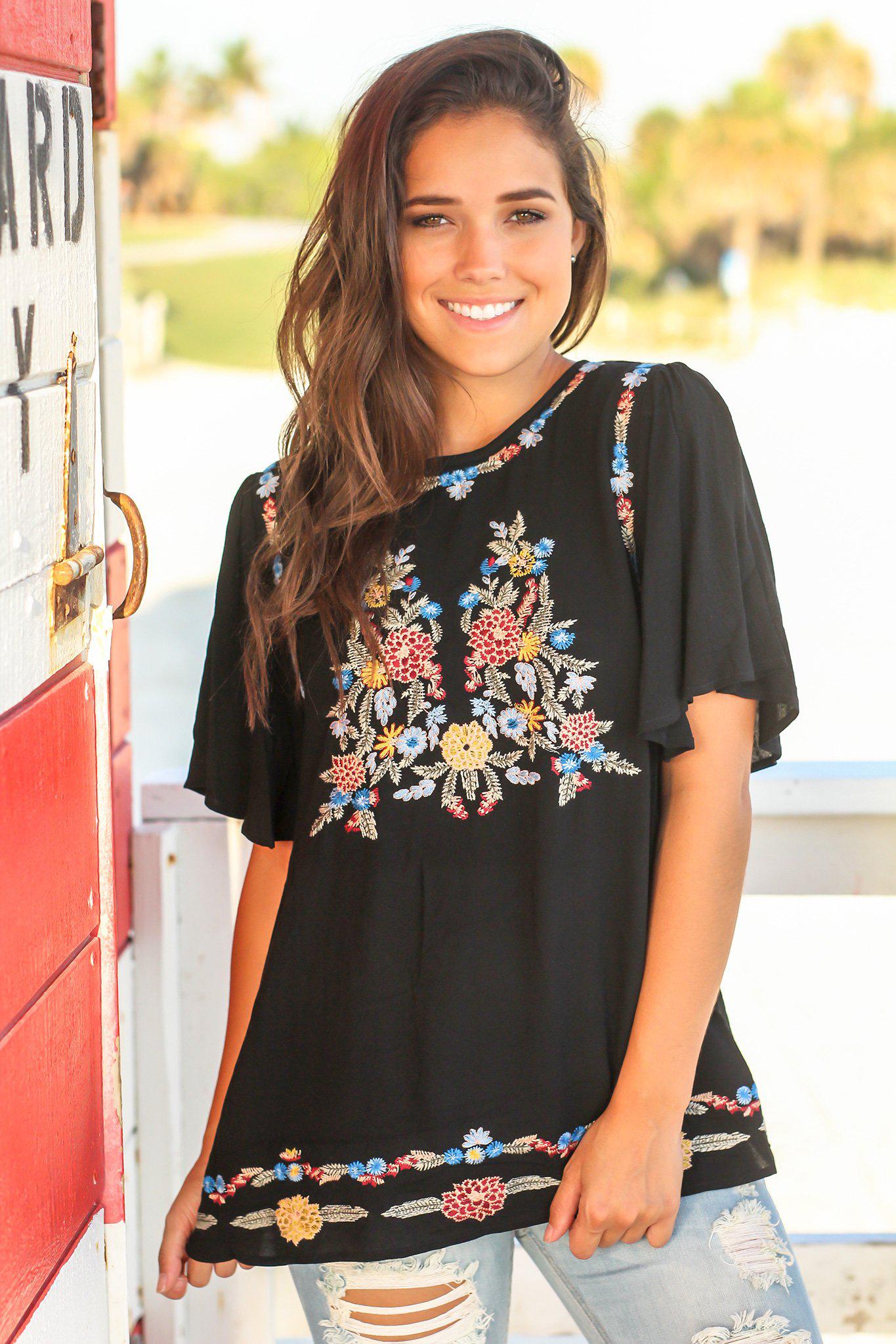 Black Embroidered Top with Ruffled Sleeves