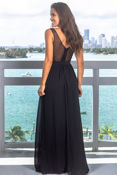 Black Embroidered V-Neck Maxi Dress with Jewel Detail
