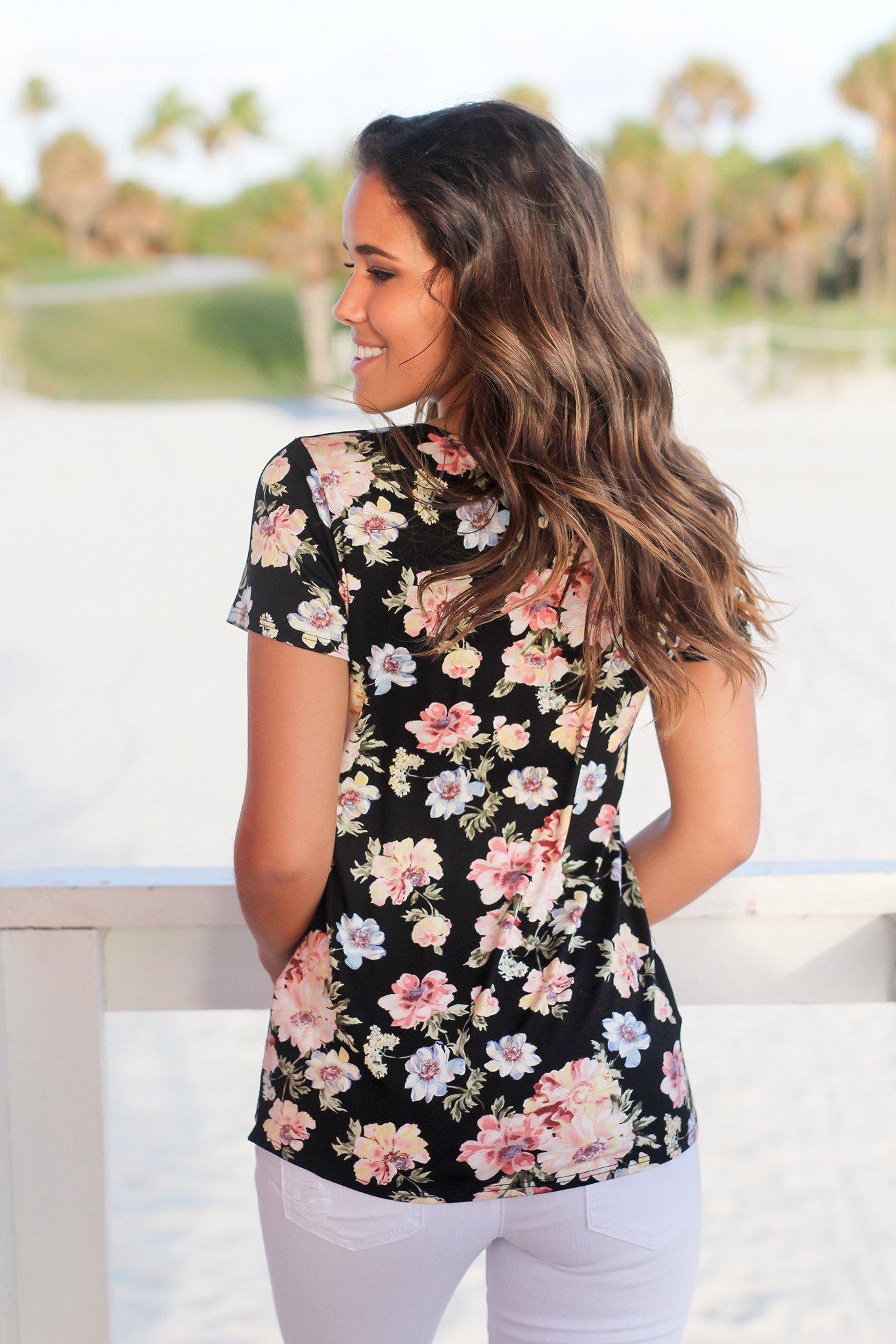 Black Floral Criss Cross Top with Short Sleeves
