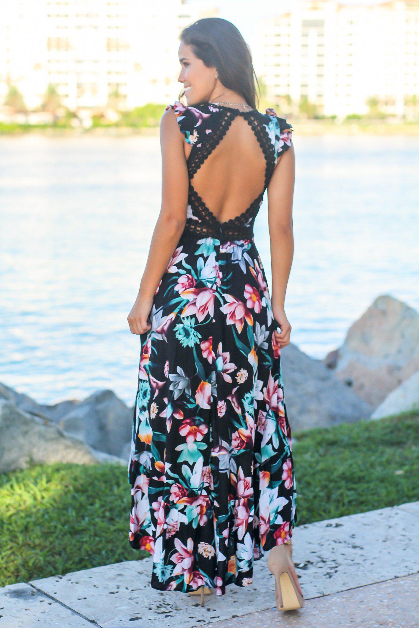 Black Floral High Low Dress with Crochet Open Back Detail