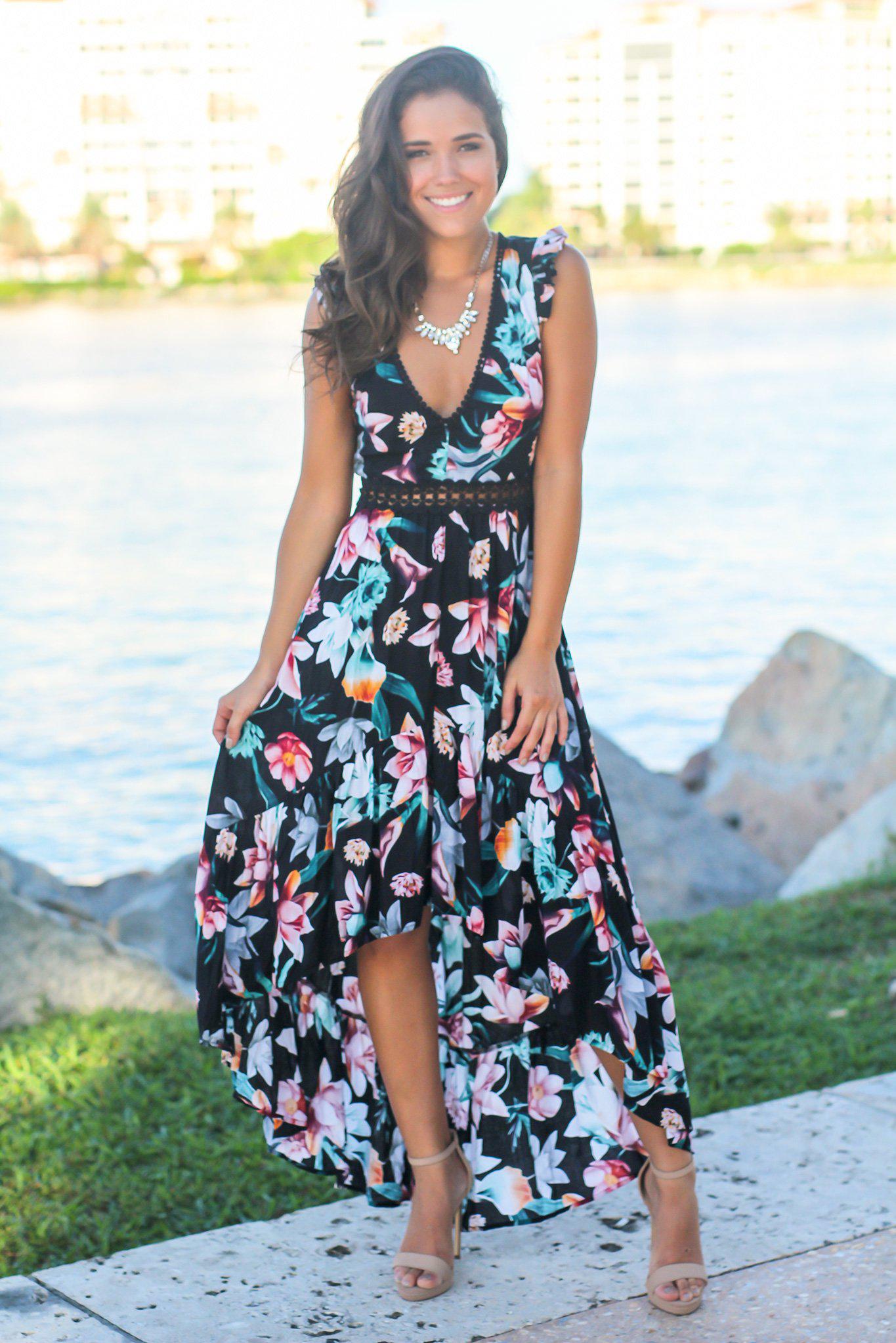 Black Floral High Low Dress with Crochet Open Back Detail