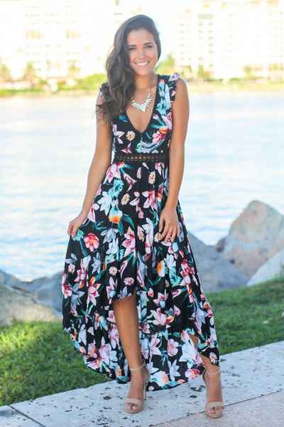 Black Floral High Low Dress with Crochet Open Back Detail