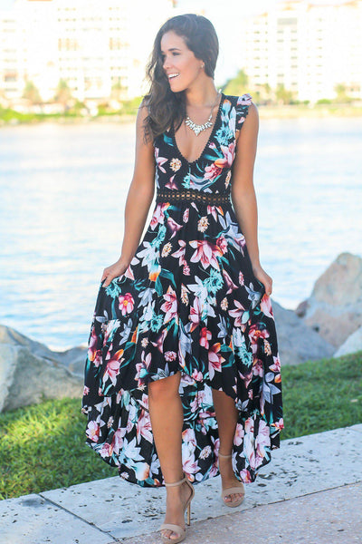 Black Floral High Low Dress with Crochet Open Back Detail