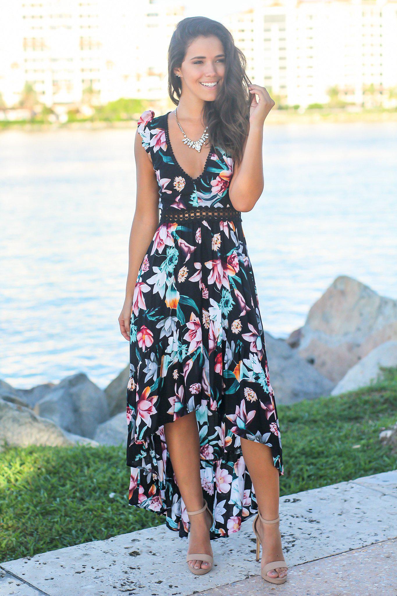 Black Floral High Low Dress with Crochet Open Back Detail