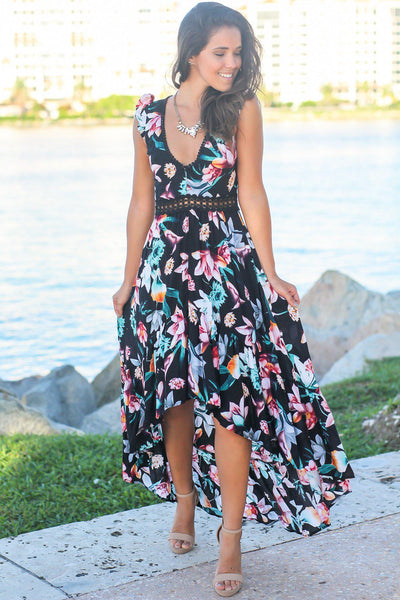 Black Floral High Low Dress with Crochet Open Back Detail
