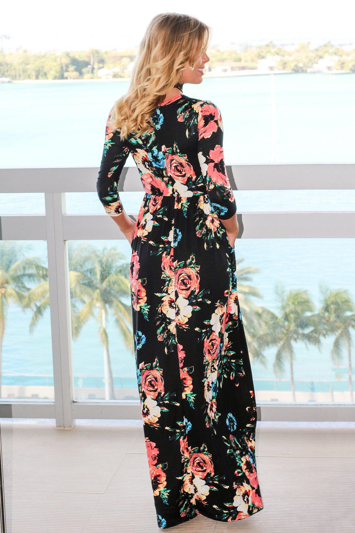 Black Floral Maxi Dress with 3/4 Sleeves