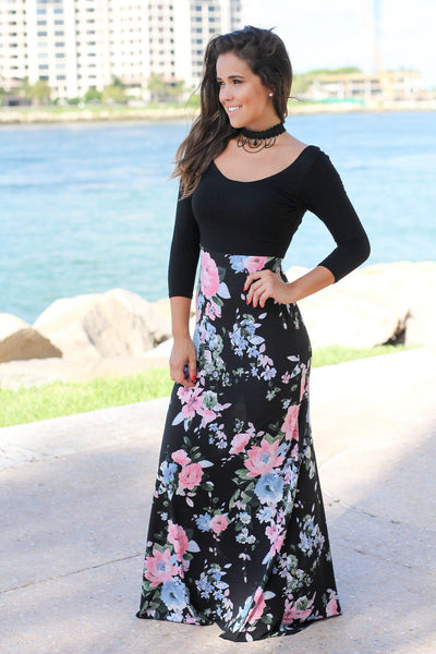 Black Floral Maxi Dress with Criss Cross Back