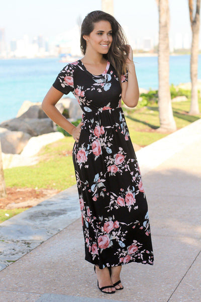 Black Floral Maxi Dress with Short Sleeves