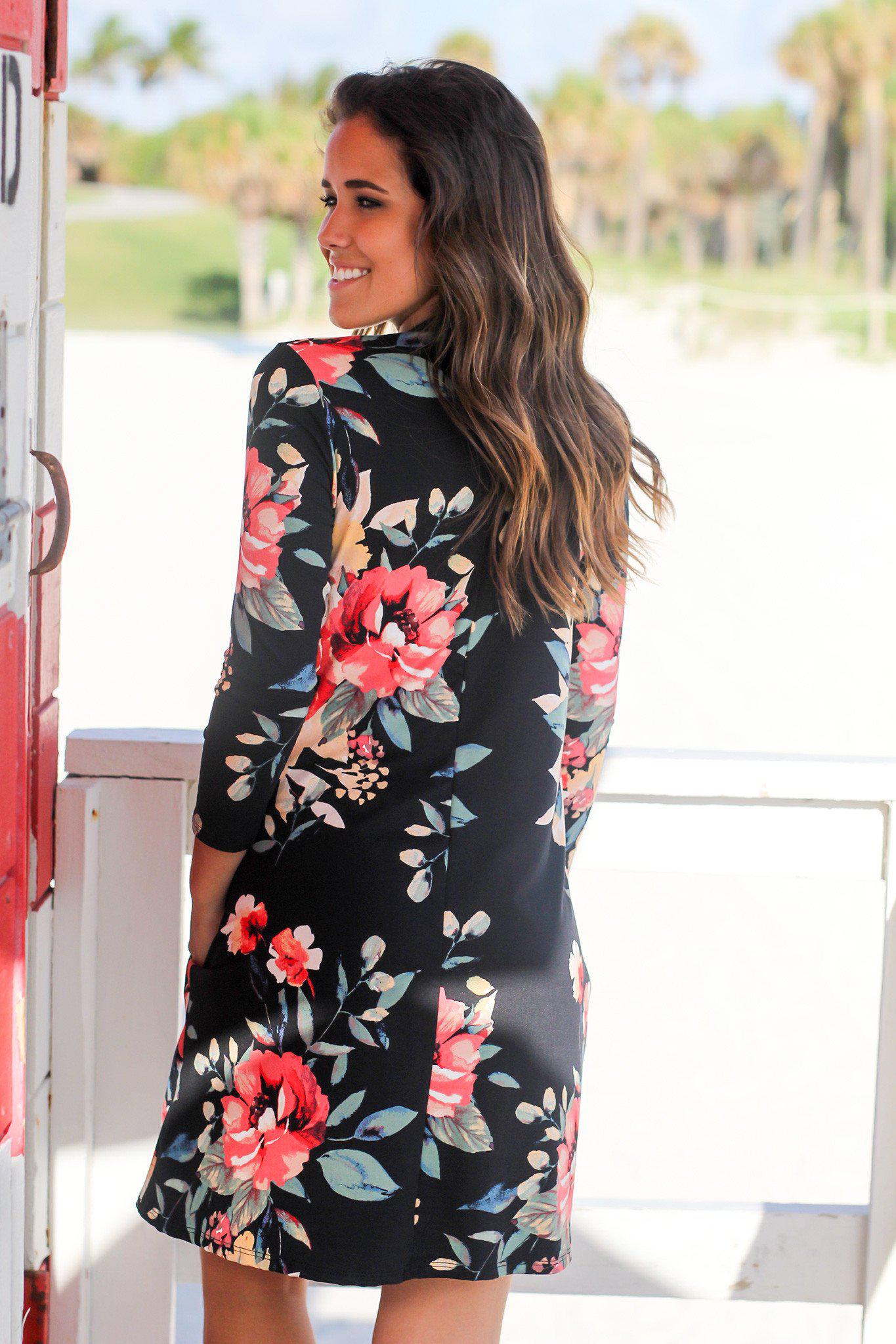  Black Floral Mock Neck Short Dress