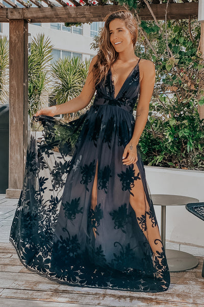 Black Floral Tulle Maxi Dress with Criss Cross Back