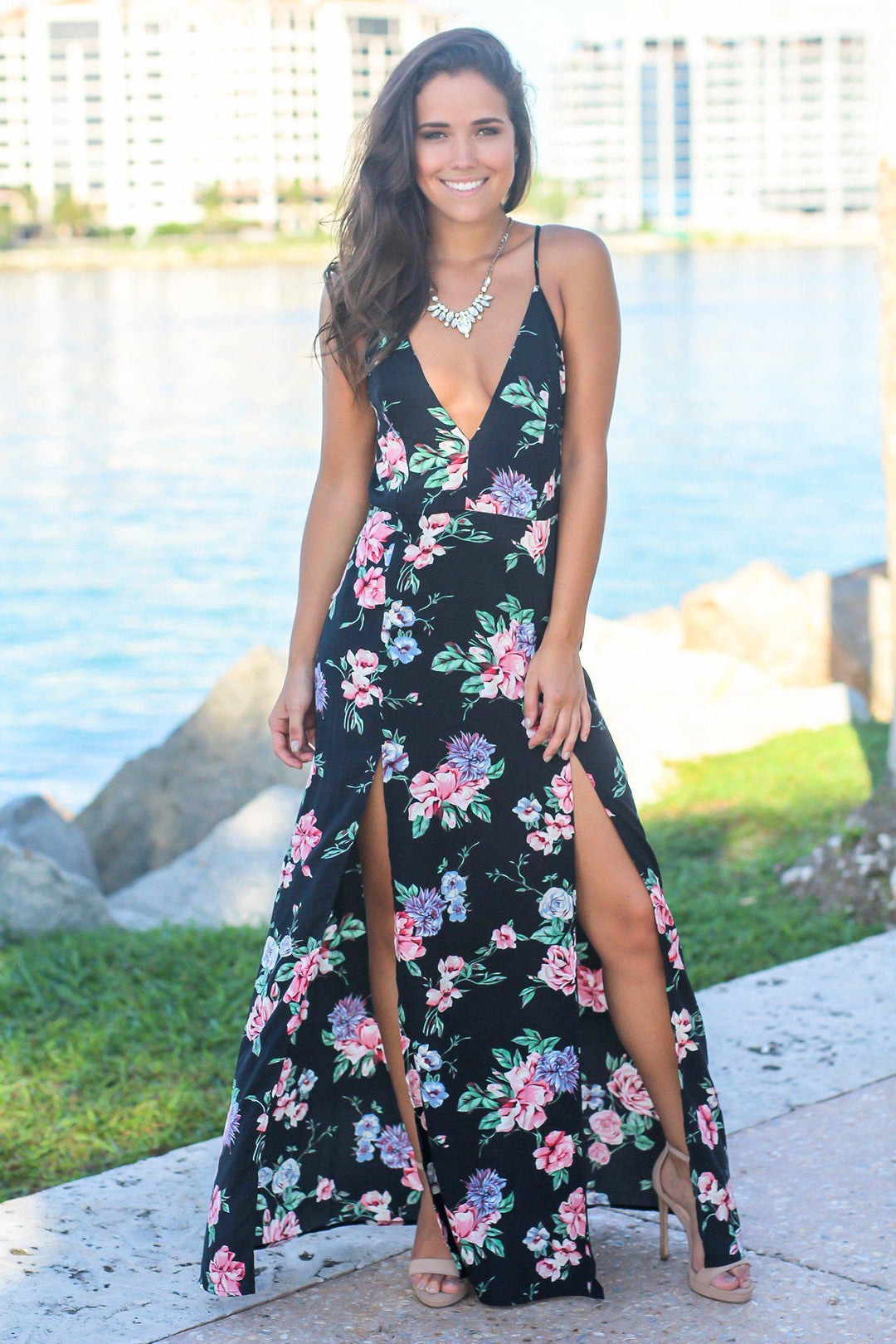 Black Floral V-Neck Maxi Dress with Side Slit