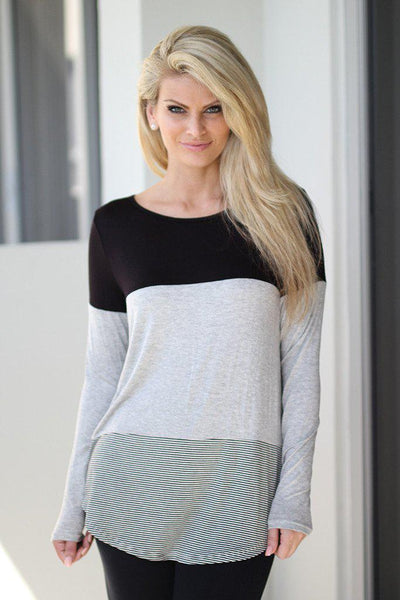 Black and Gray Color Block Top with Crochet Back