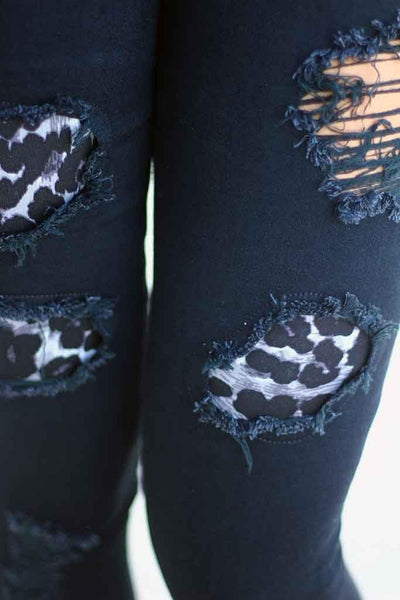 Black And Gray Leopard Patch Distressed Jeans