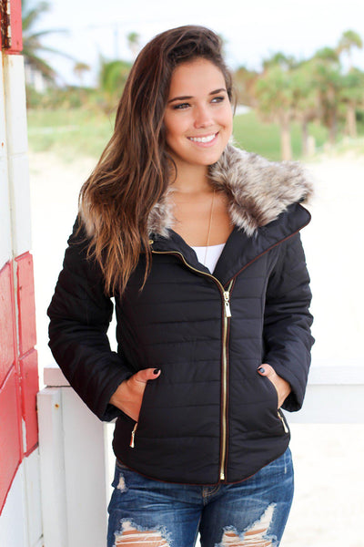 Black Quilted Jacket with Side Zipper