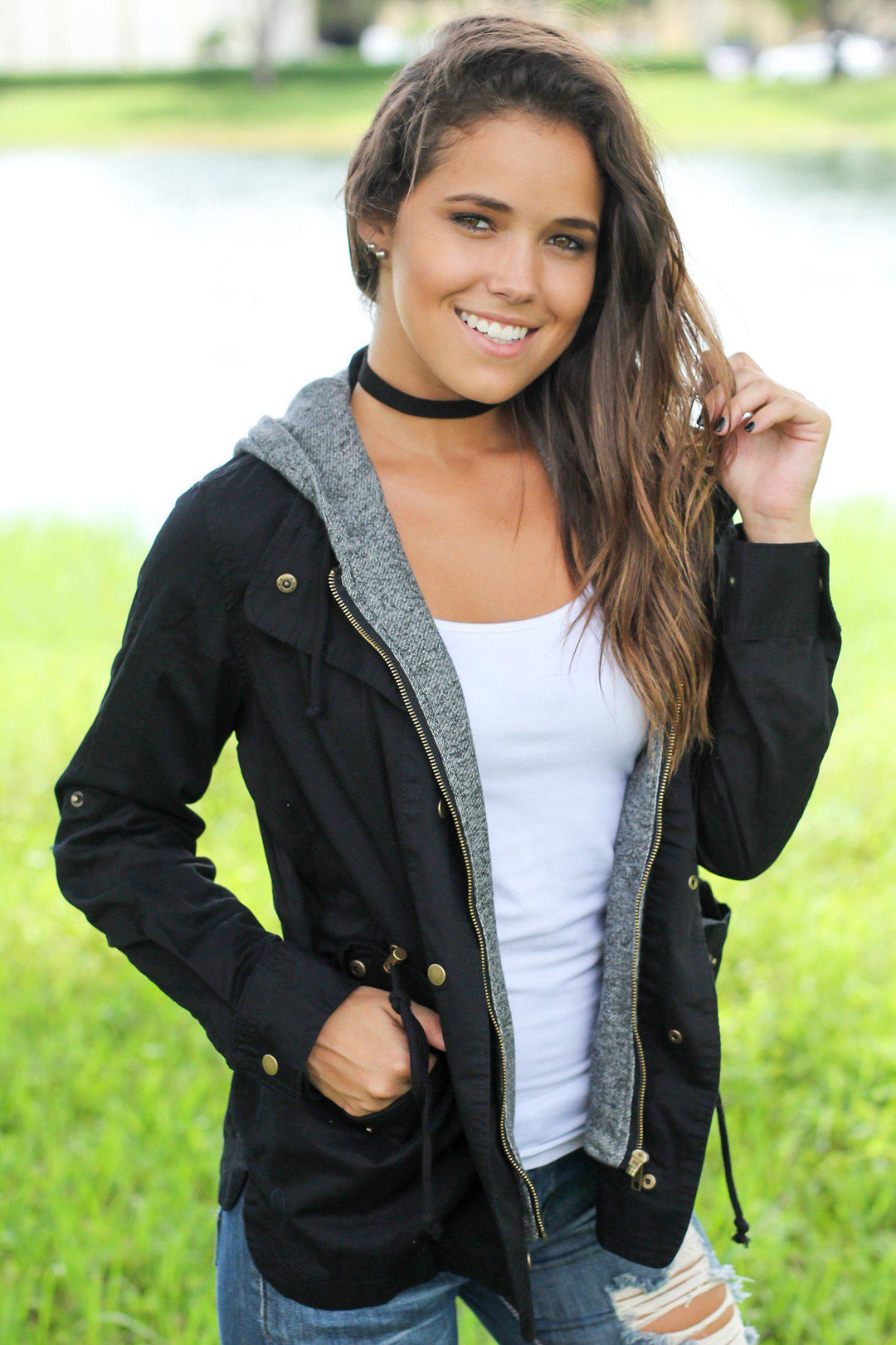 Black jacket with grey hoodie hotsell