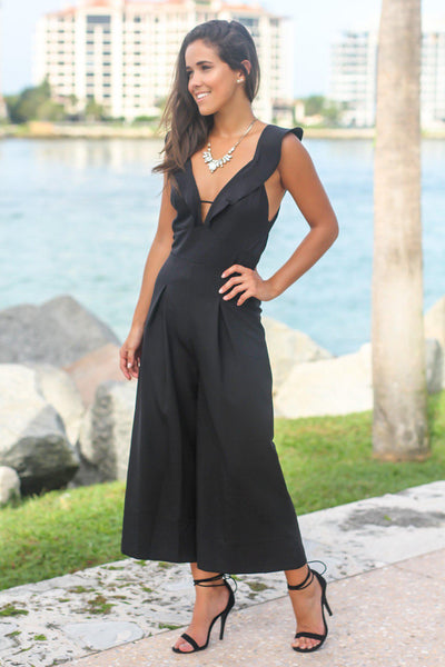 Black Jumpsuit with Ruffled Neckline