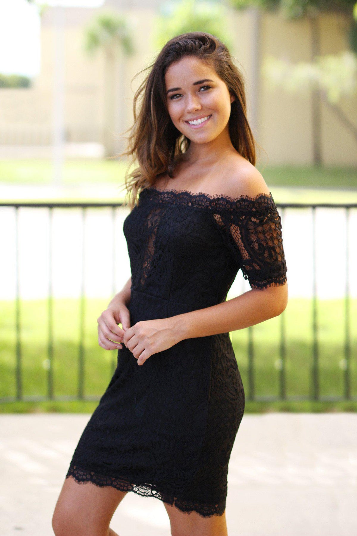 Black lace off the shoulder dress new arrivals