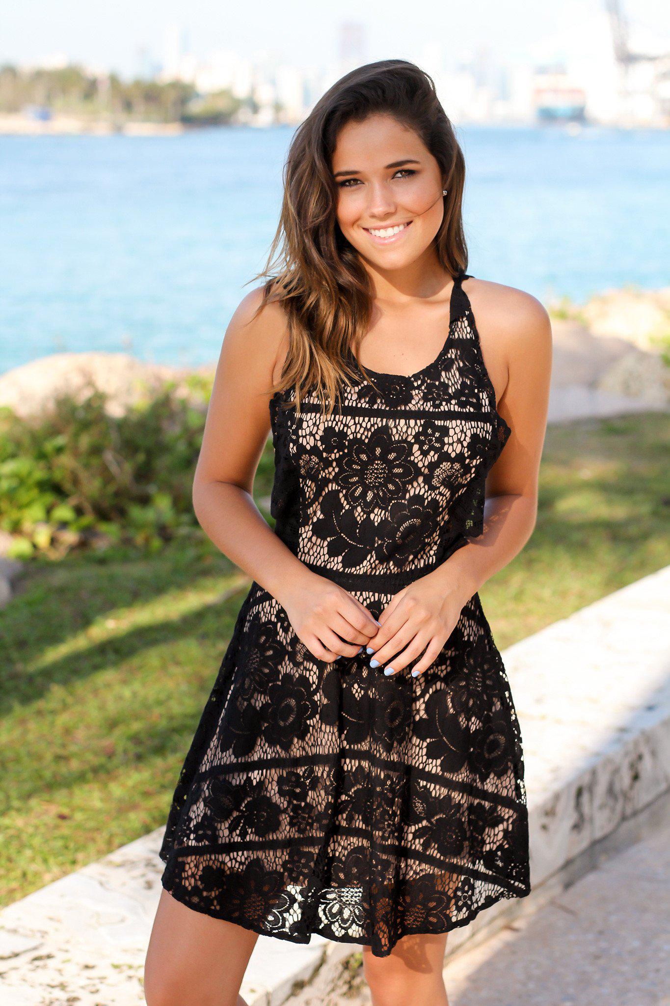 Black Lace Short Dress with Criss Cross Back