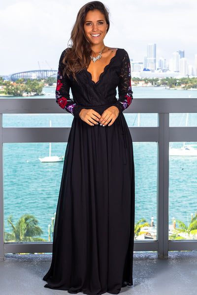 Black Lace Wrap Dress with Long Sleeves