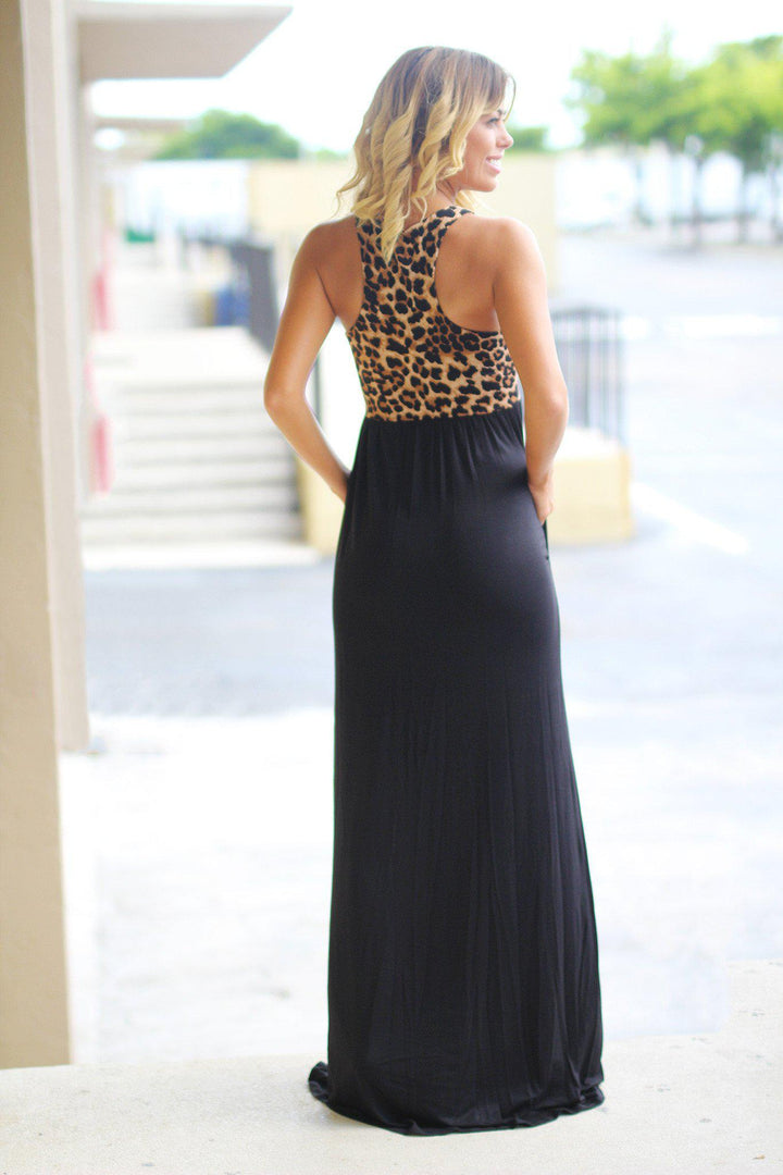 leopard print maxi dress with pockets Black Leopard Maxi Dress With Pockets