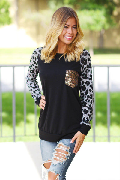 Black Leopard Sweater With Sequin Pocket 
