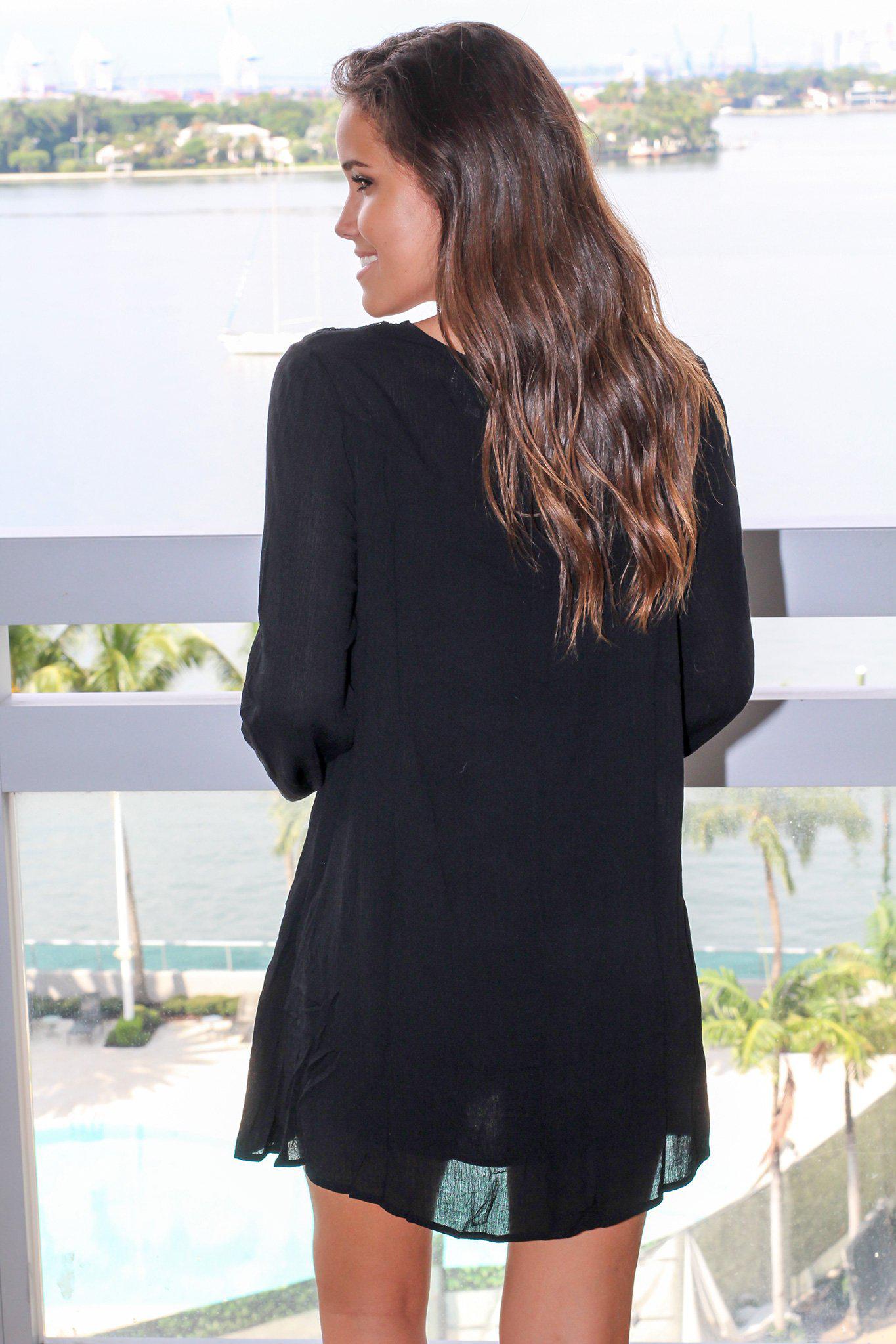 Black Long Sleeve Short Dress with Crochet Top