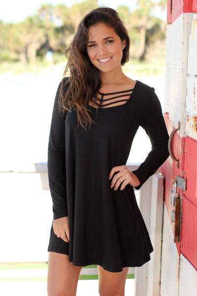 Black Long Sleeve Strappy Short Dress