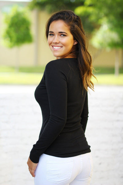 Black Ribbed Long Sleeve Top with Buttons