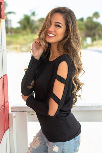 Black Long Sleeve Top with Cut Out Detail