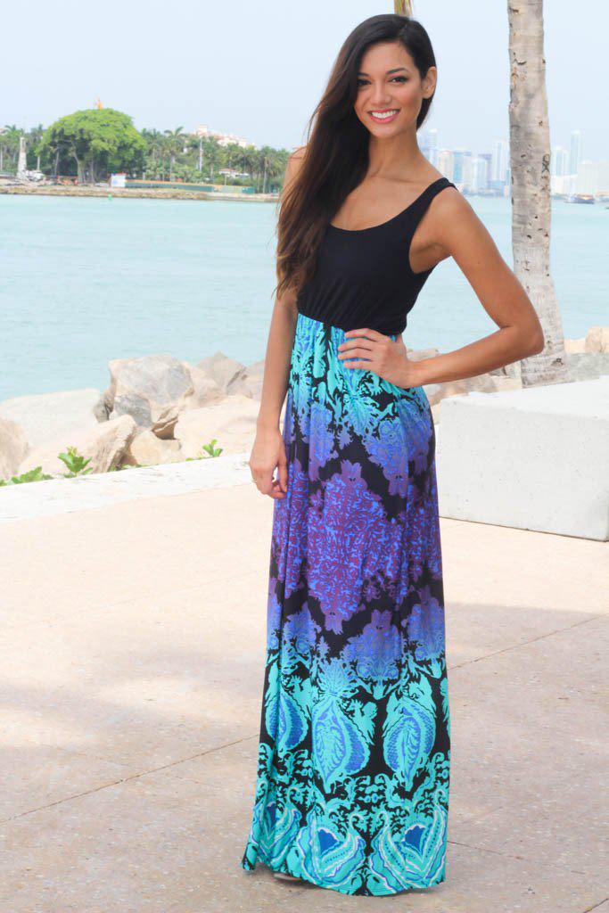 Black Maxi Dress With Multi Color Printed Bottom