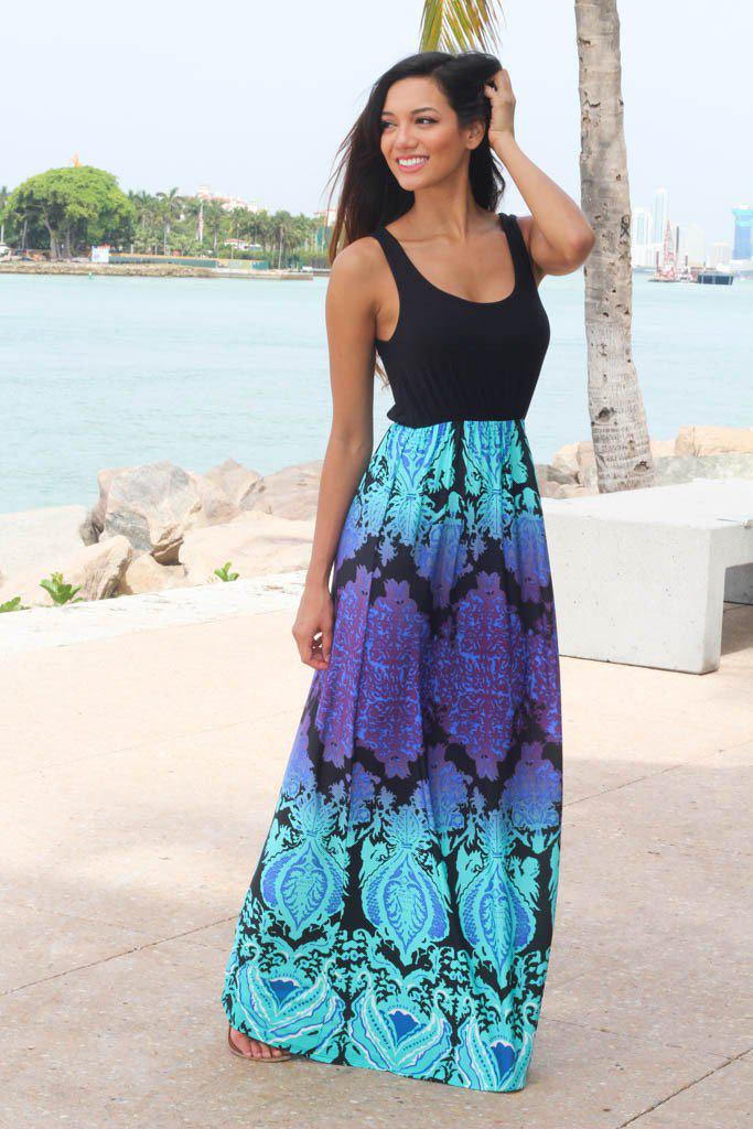 Black Maxi Dress With Multi Color Printed Bottom