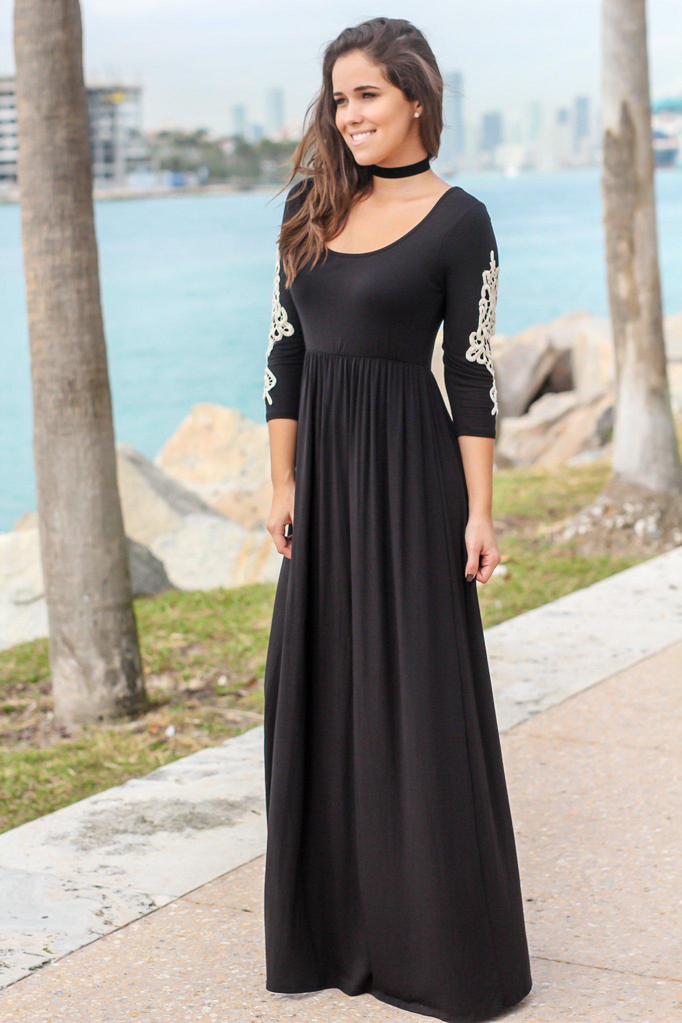 Black Maxi Dress with 3/4 Sleeves and Crochet Detail