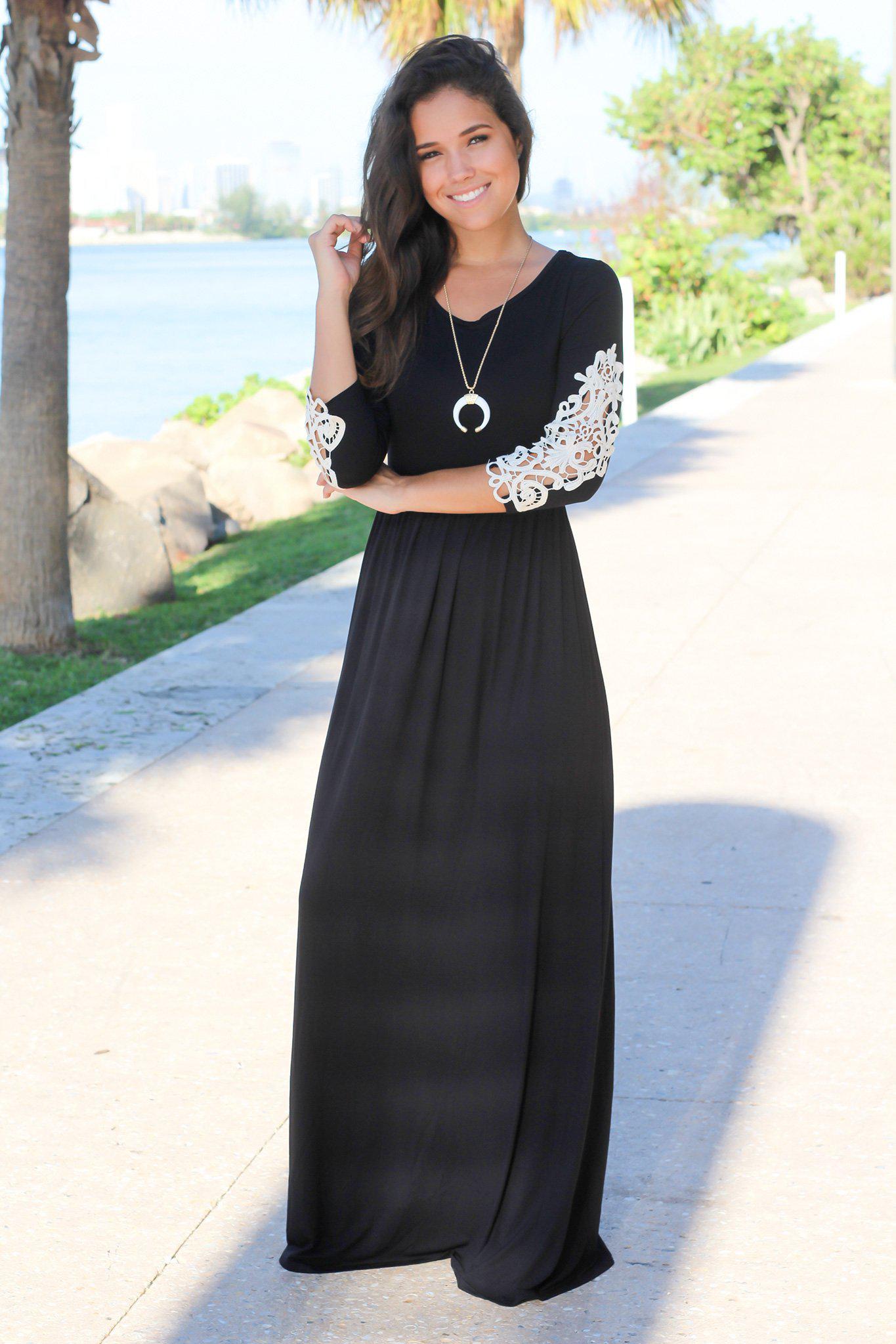 Black Maxi Dress with Crochet Sleeves