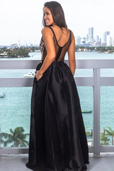 Black Maxi Dress with Embroidered Top and Jewel Detail