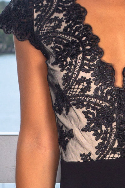 Black Maxi Dress with Embroidered Top and Slit