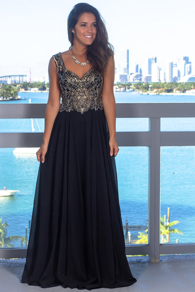 Black Maxi Dress with Jewel Embroidered Top