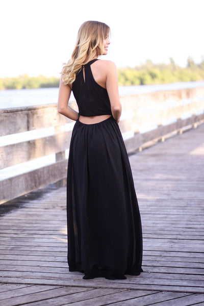 Black Maxi Dress with Sequined Flower Top