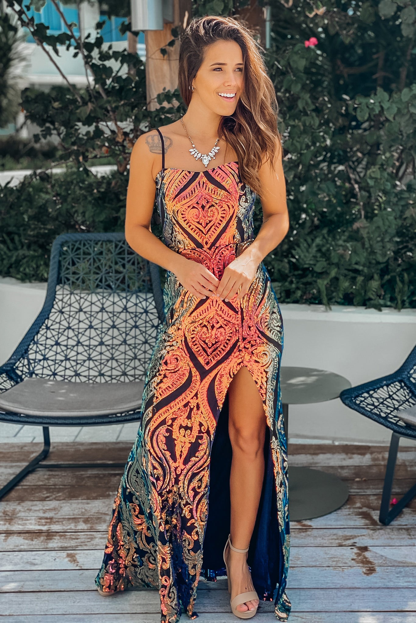Black Multi Colored Sequin Maxi Dress with Slit