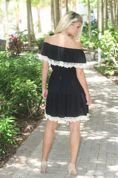 Black Off Shoulder Dress With Crochet Trim