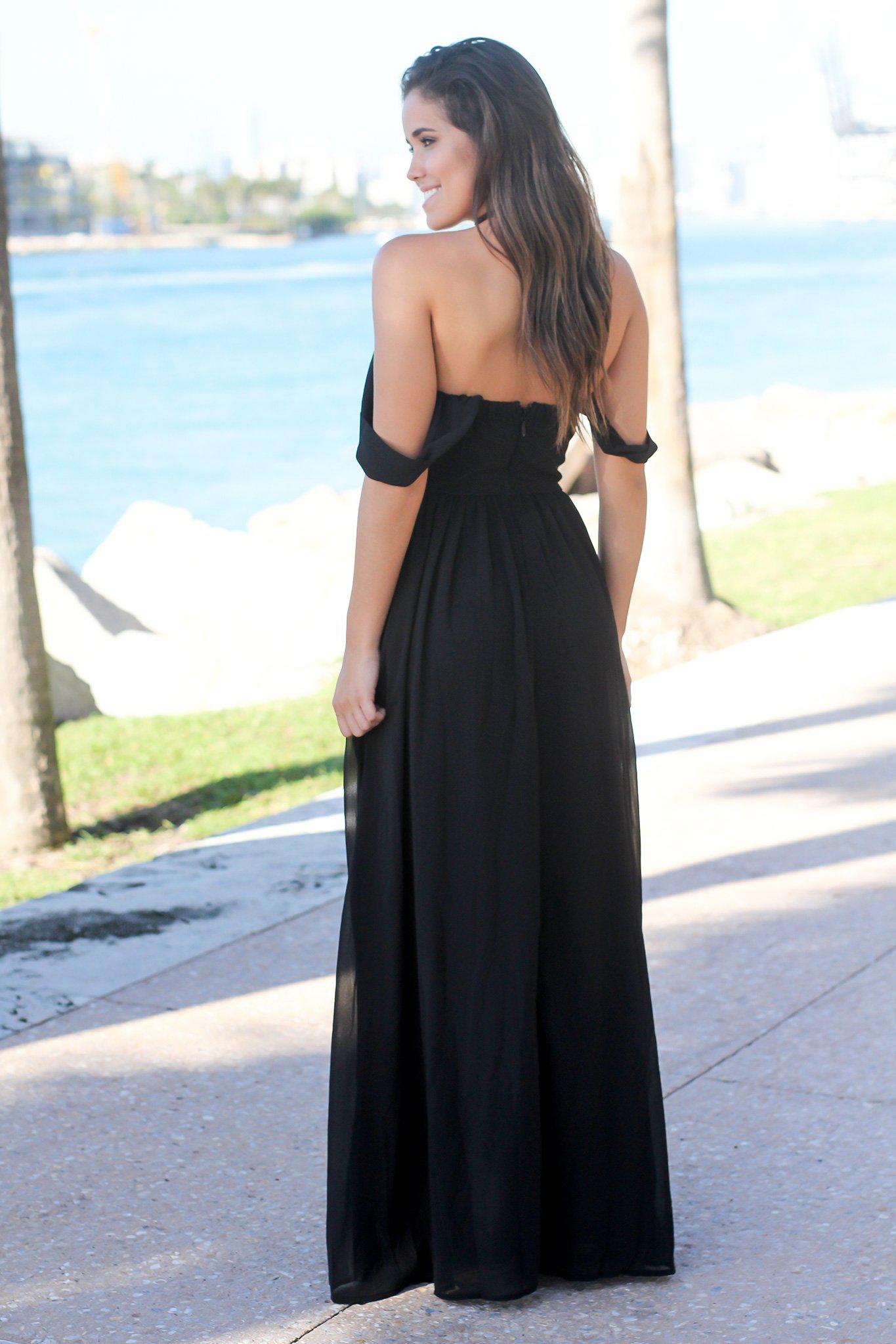 Black Off Shoulder Maxi Dress with Embroidered Top