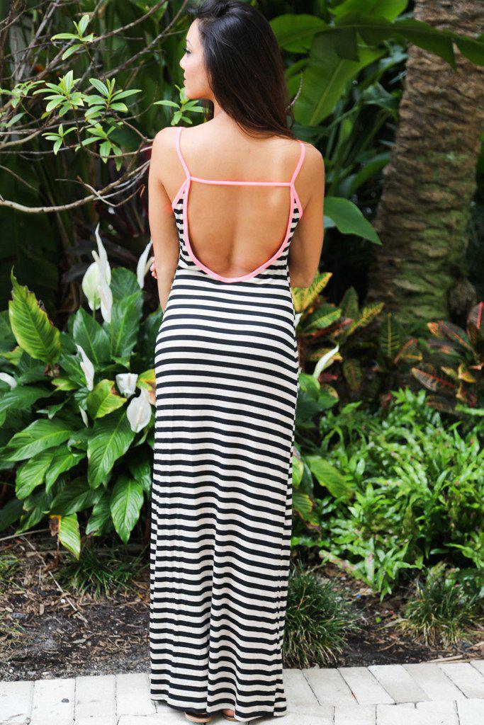 Black And Neon Pink Maxi Dress With Open Back