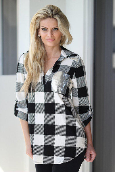 Ivory and Black Plaid Top with Sequin