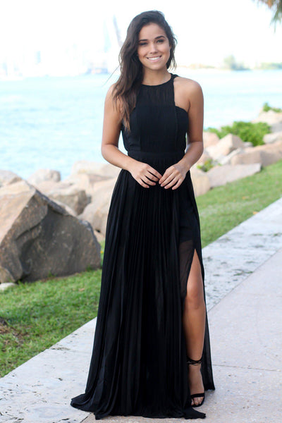 Black Pleated Maxi Dress with Side Slits