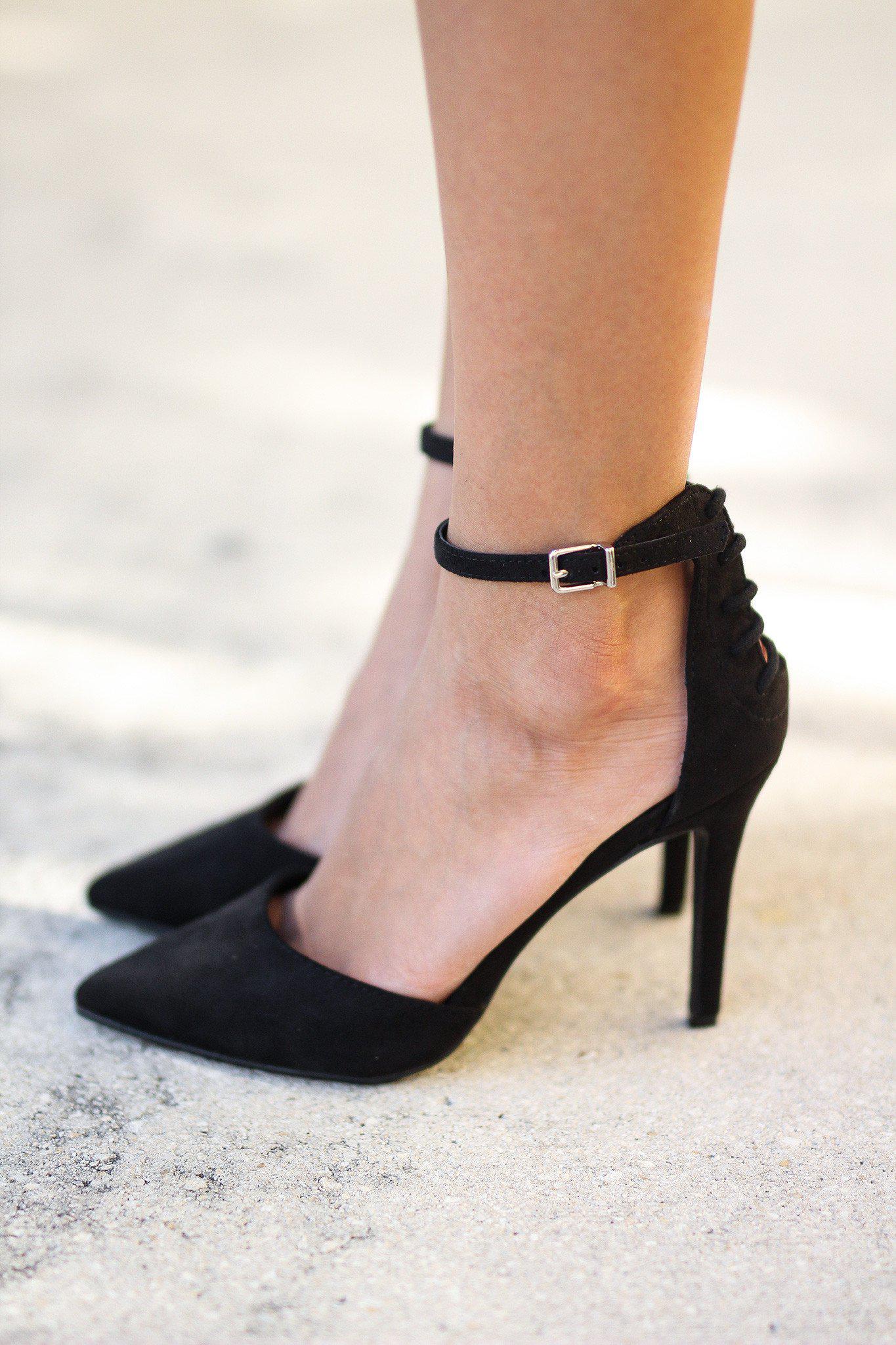 Black Pointed Toe Pump with Ankle Strap