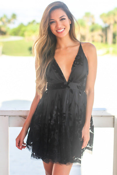 Black Printed Short Dress with Criss Cross Back