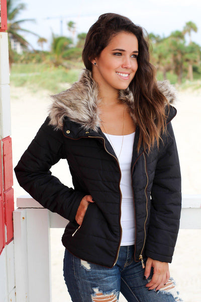 Black Quilted Jacket with Side Zipper
