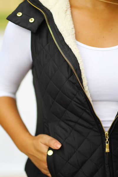 Black Quilted Vest with Hood