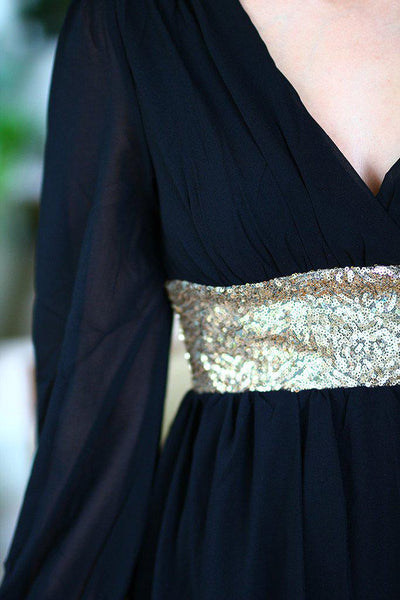 Black Short Dress with Sequin Waist Band